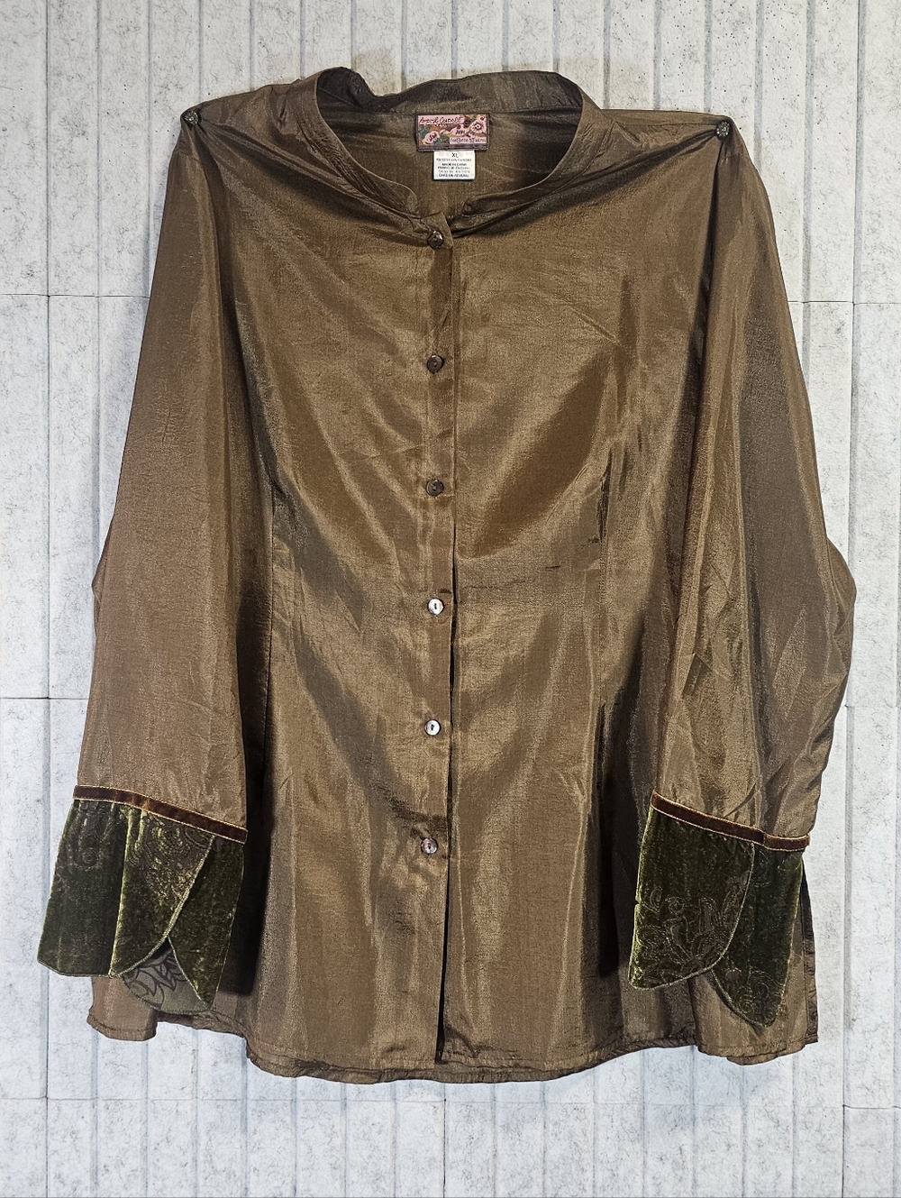 April Cornell Silk Blend Look Blouse Women’s XL Bronze Shimmer Button Front Boho
